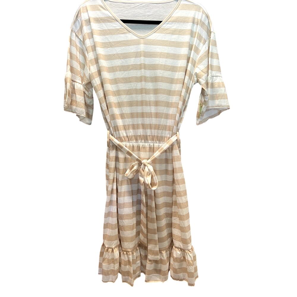 Dress, khaki/white striped waist tie dress, XL, $19
